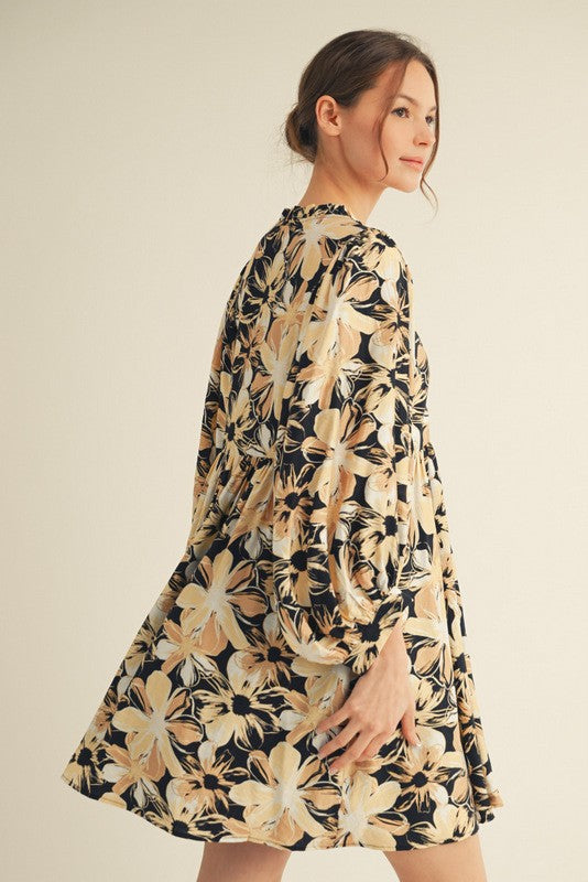 Black Floral Front Tie Bubble Sleeve Mini Dress