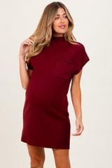 Burgundy Ribbed Knit Maternity Short Sleeve Sweater Dress