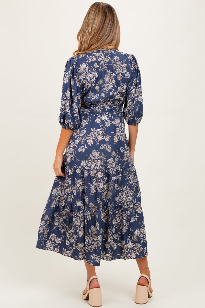 Blue Floral 3/4 Sleeve Smocked Waist Maternity Midi Dress
