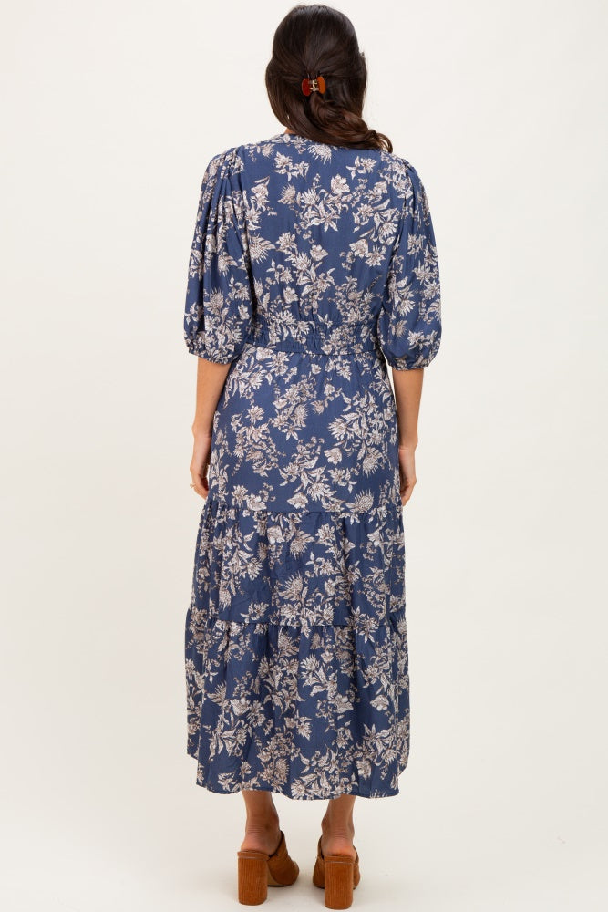 Blue Floral 3/4 Sleeve Smocked Waist Midi Dress