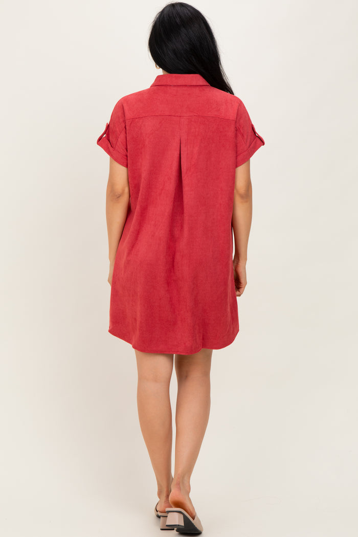 Rust Faux Suede Button Down Shirt Dress
