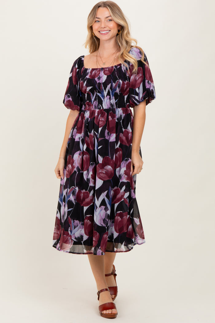 Plum Tulip Floral Smocked Puff Sleeve Maternity Midi Dress