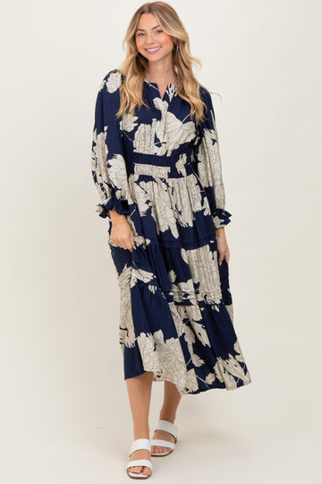 Navy Floral Long 3/4 Sleeve Tiered Midi Dress