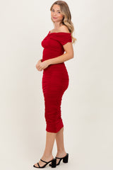 Red Off Shoulder Ruched Midi Dress