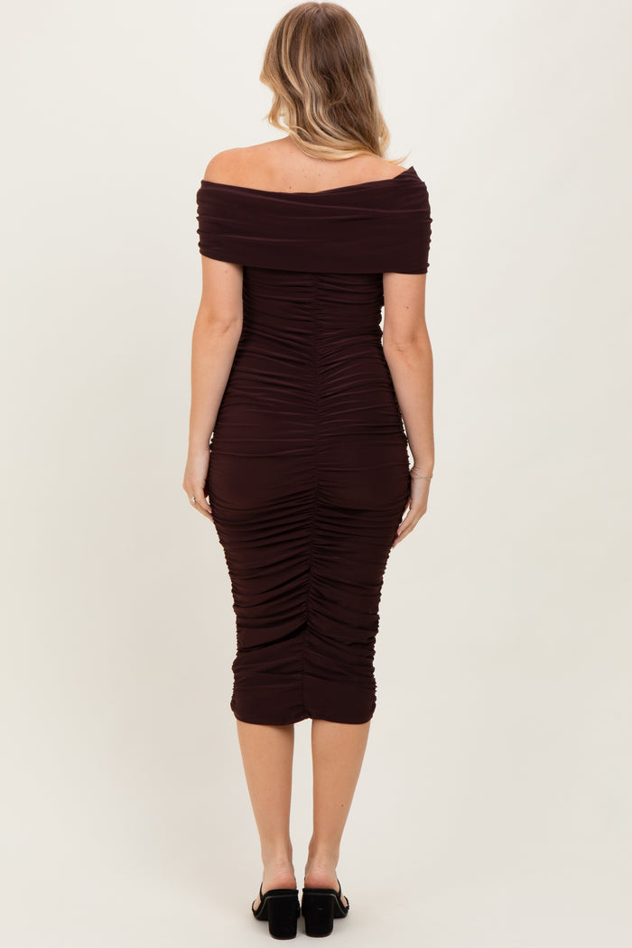 Brown Off Shoulder Ruched Midi Dress