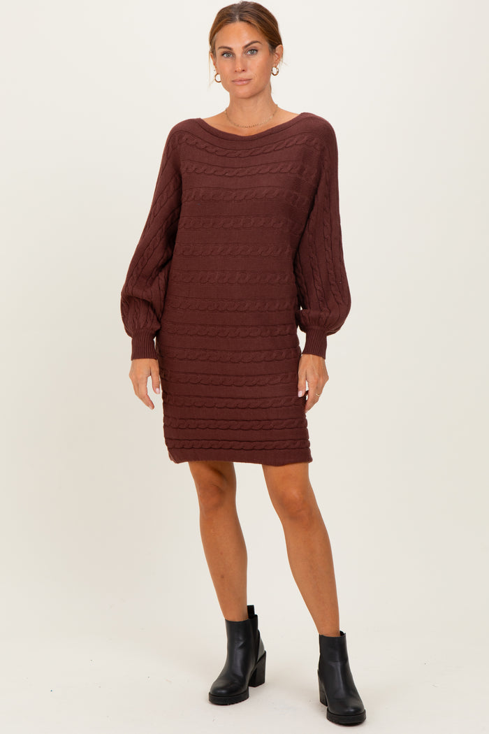 Brown Cable Knit Dolman Sleeve Maternity Sweater Mini Dress