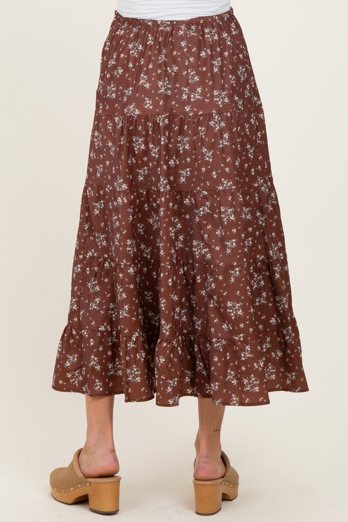 Brown Floral Tiered Maternity Maxi Skirt
