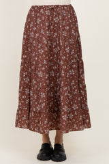Brown Floral Tiered Maxi Skirt