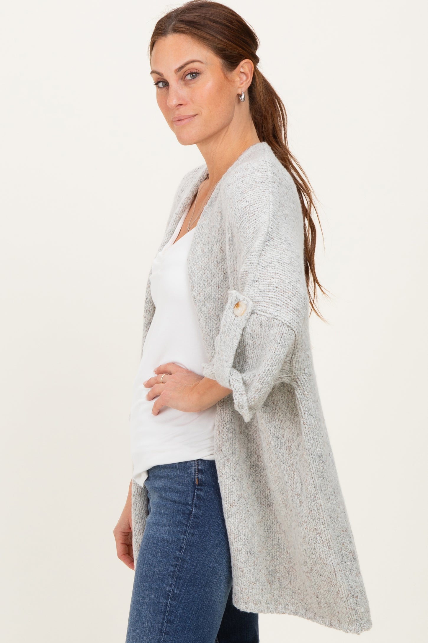 Heather Grey Oversized Cuffed Sleeve Cardigan