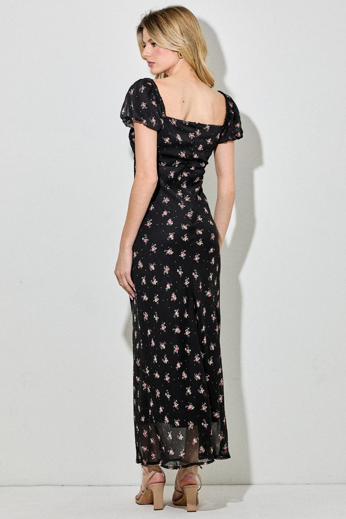Black Floral Chiffon Midi Dress