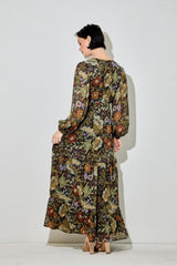 Black Floral Chiffon V-Neck Long Sleeve Maxi Dress