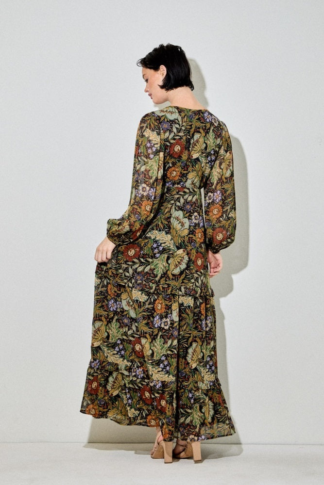 Black Floral Chiffon V-Neck Long Sleeve Maxi Dress