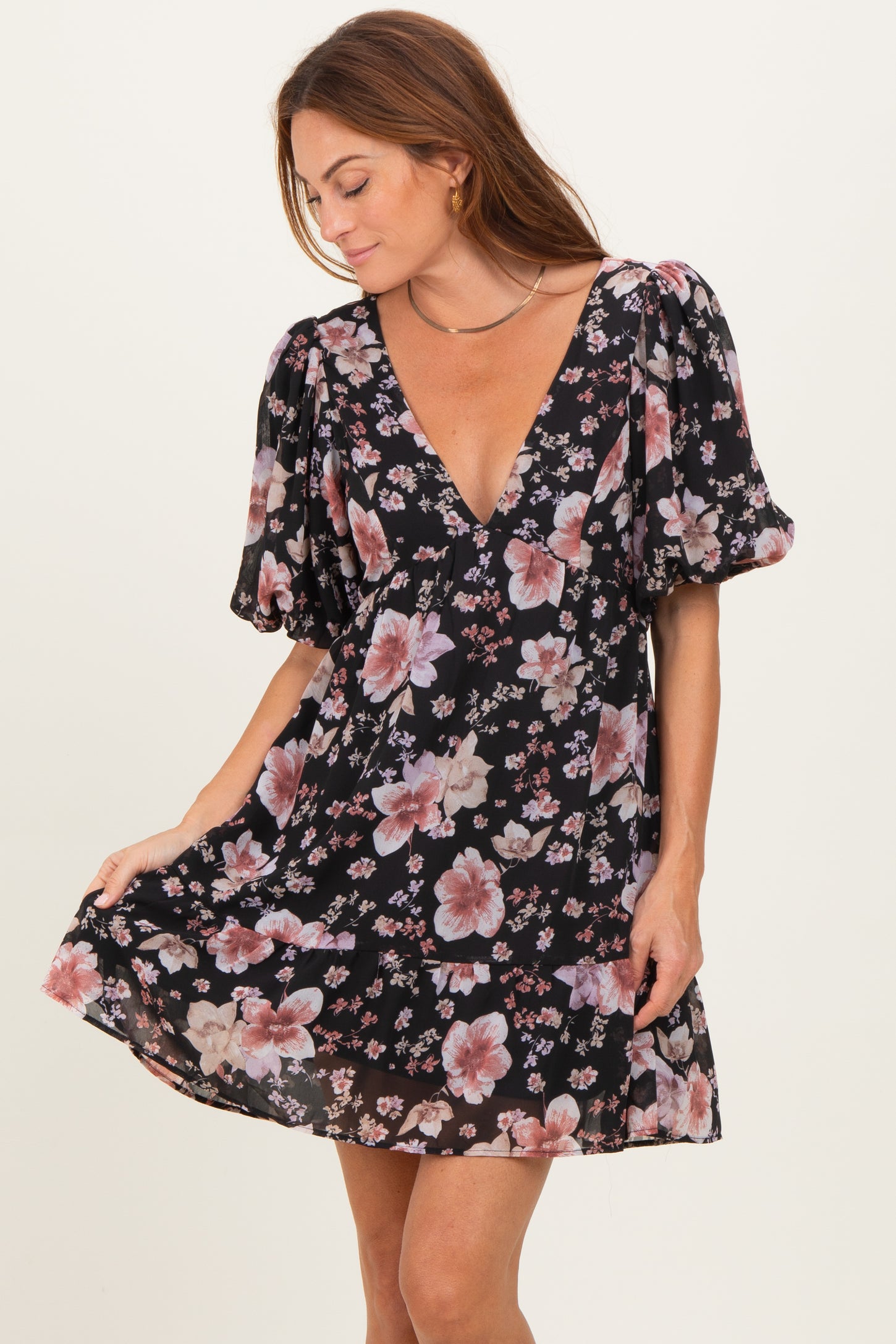 Black Floral V-Neck Puffed Sleeve Maternity Mini Dress