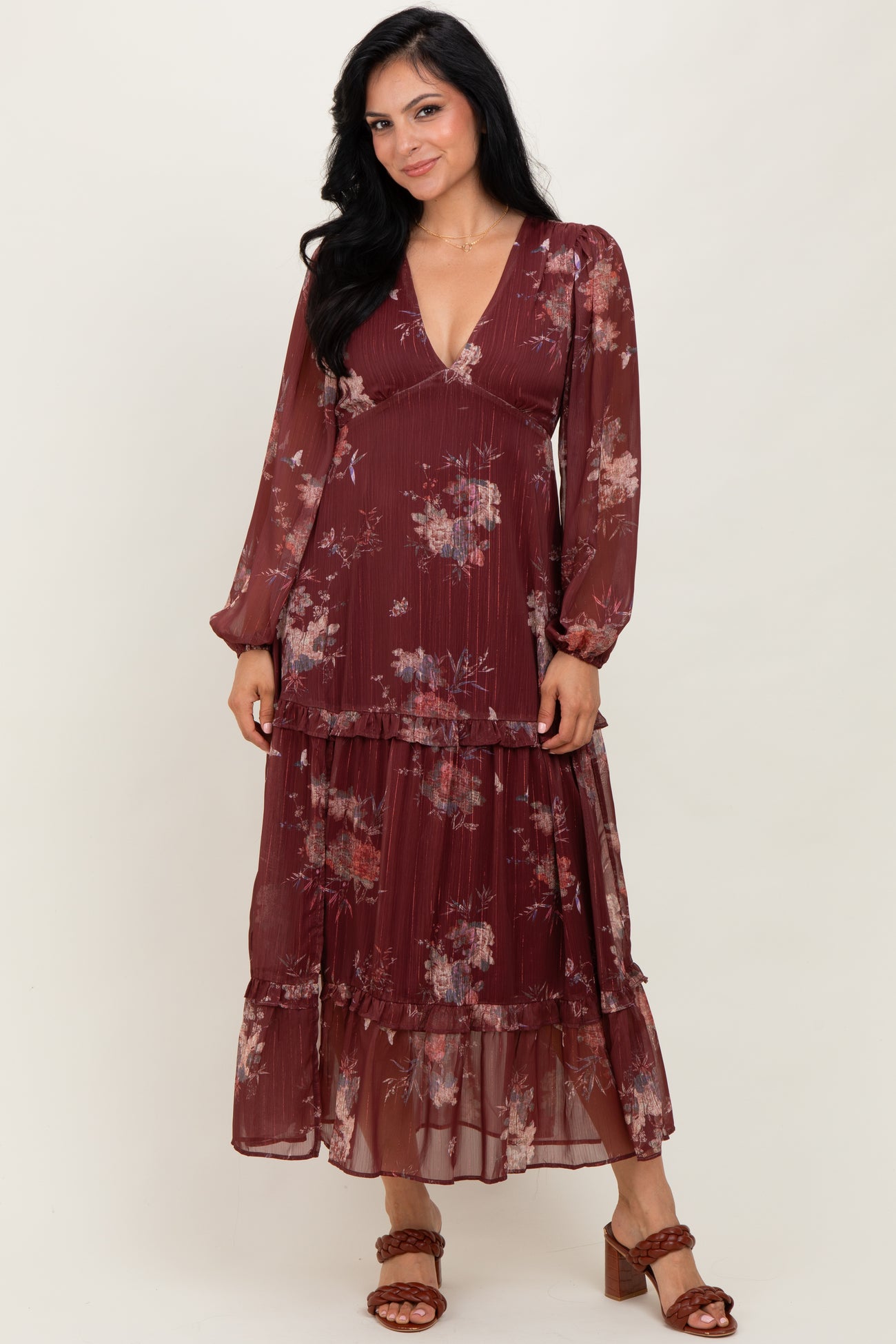 Burgundy Floral Chiffon V-Neck Long Sleeve Maternity Maxi Dress
