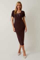 Brown Ribbed Knit Stitch Detail Midi Dress