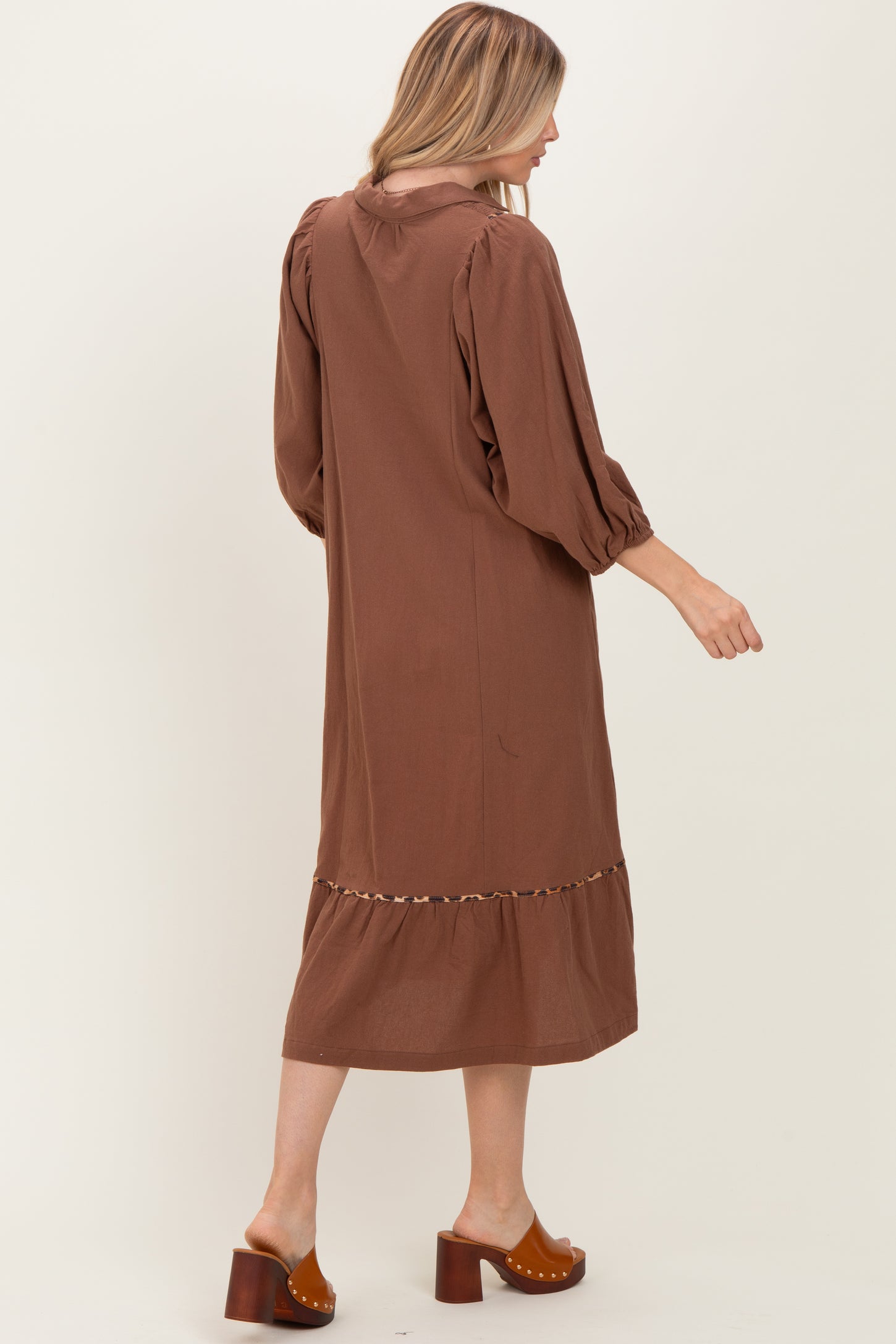 Brown V-Neck Contrast Trim 3/4 Sleeve Midi Dress