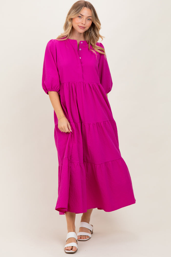 Fuchsia Textured Tiered Puff Sleeve Midi Dress