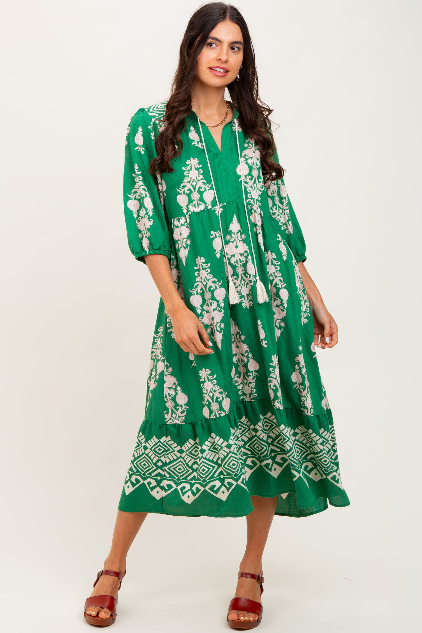 Green Damask Tassel Front Tie Tiered Maternity Midi Dress