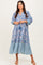 Blue Damask Tassel Front Tie 3/4 Sleeve Midi Dress