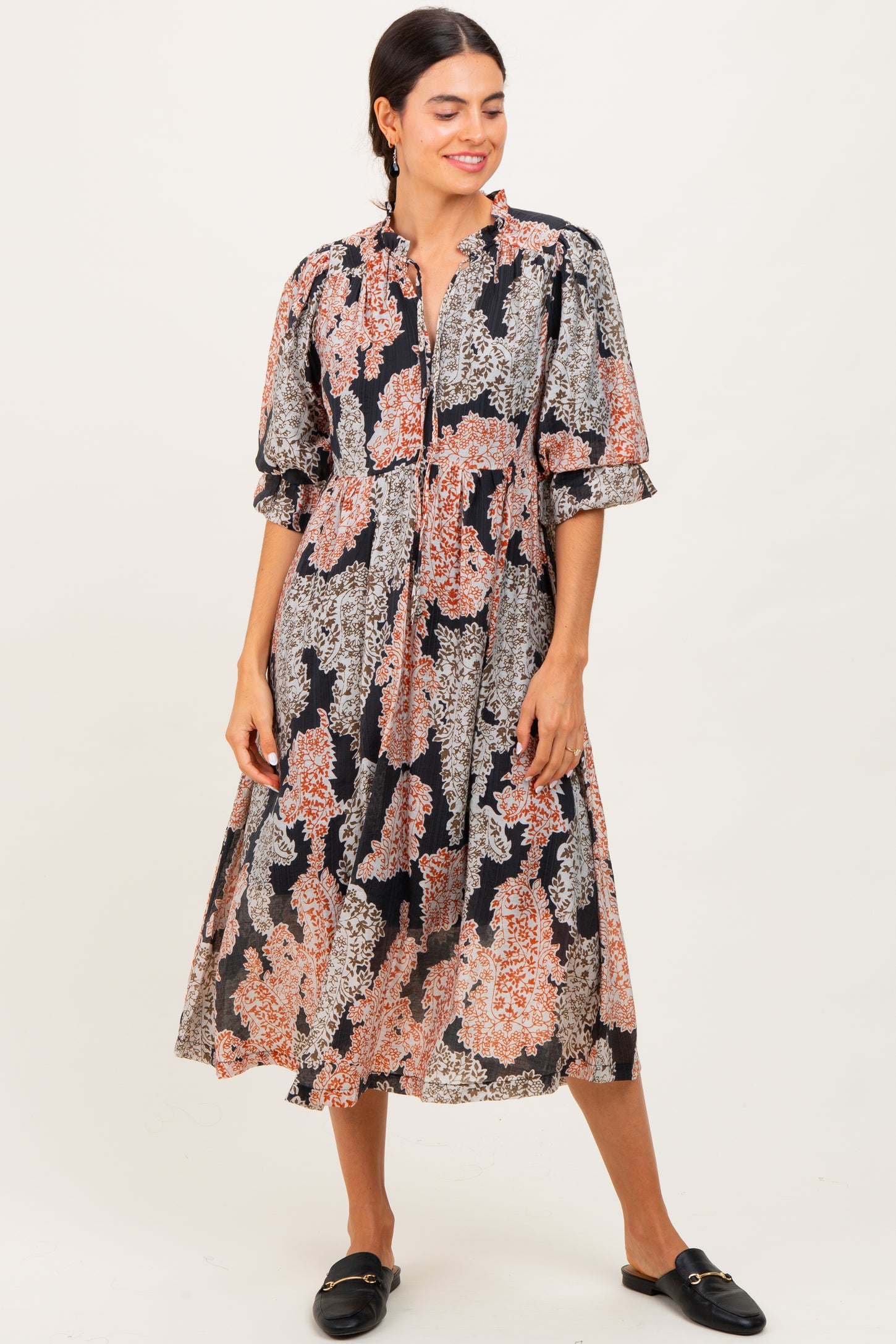 Black Floral Chiffon Front Tie Maternity Midi Dress