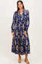 Navy Damask Front Tie Smocked Waist Midi Dress