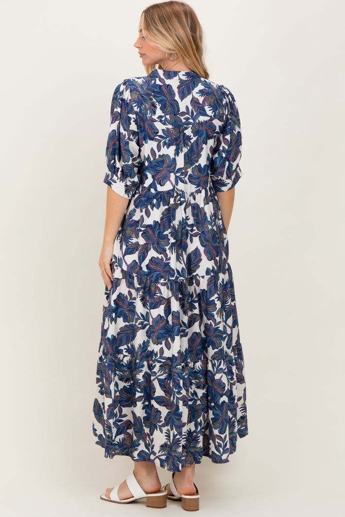 Navy Leaf Print Tiered Midi Dress