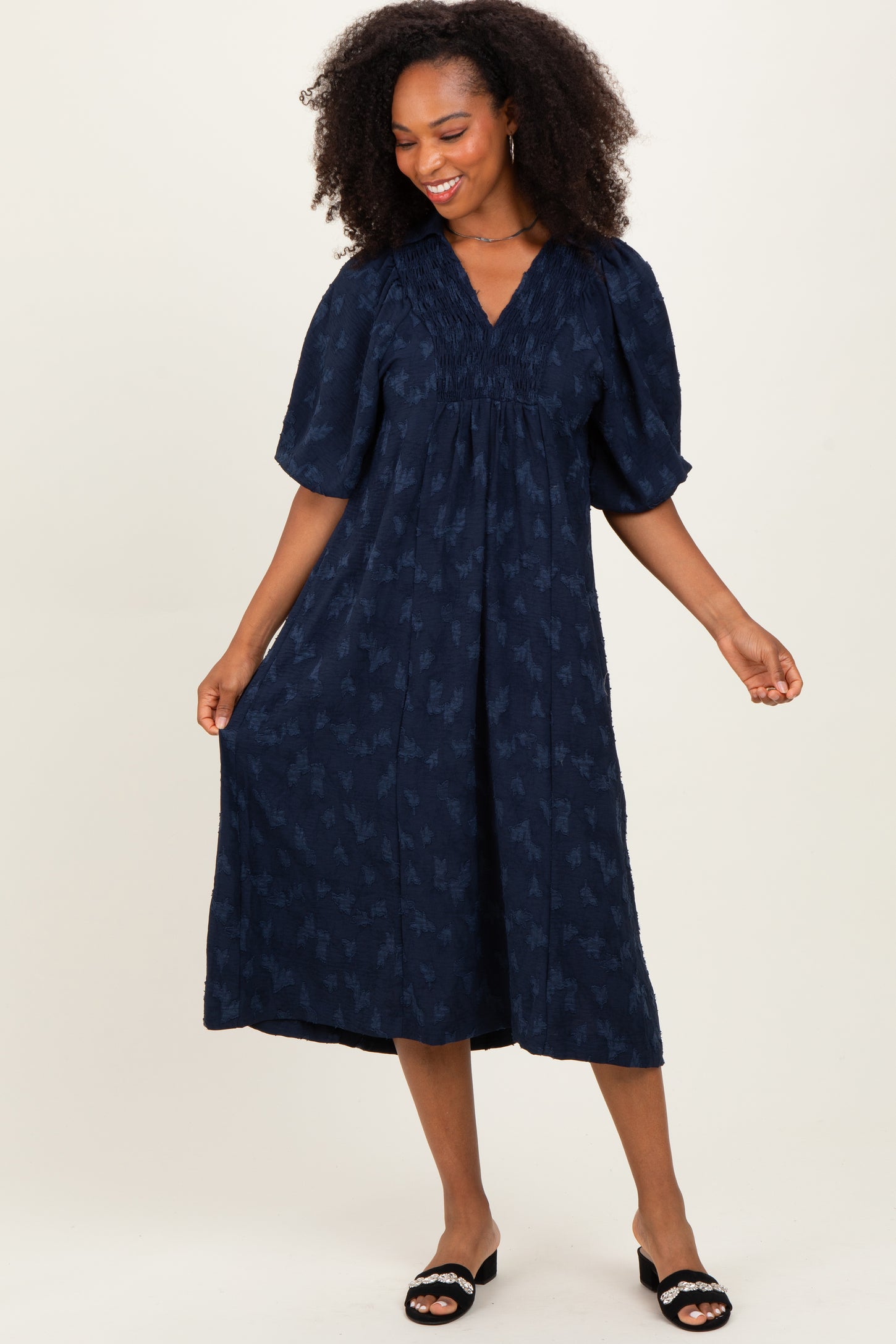 Navy Jacquard Texture V-Neck Midi Dress