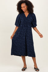 Navy Jacquard Texture V-Neck Midi Dress