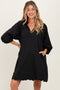 Black Textured Collared 3/4 Puff Sleeve Maternity Dress