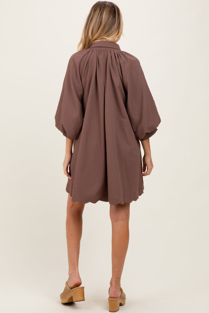 Brown Textured Collared 3/4 Puff Sleeve Maternity Dress