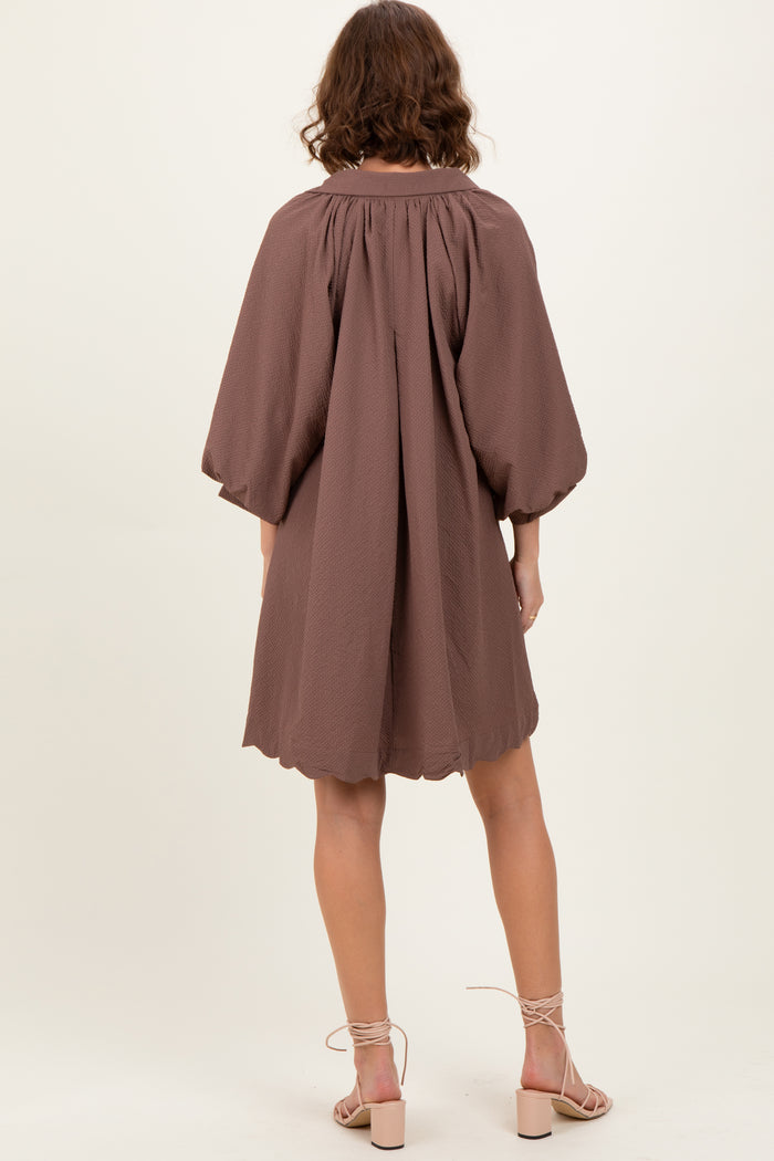 Brown Textured Collared 3/4 Puff Sleeve Dress