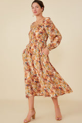 Cream Floral Fruit Smocked Waist Maternity Midi Dress
