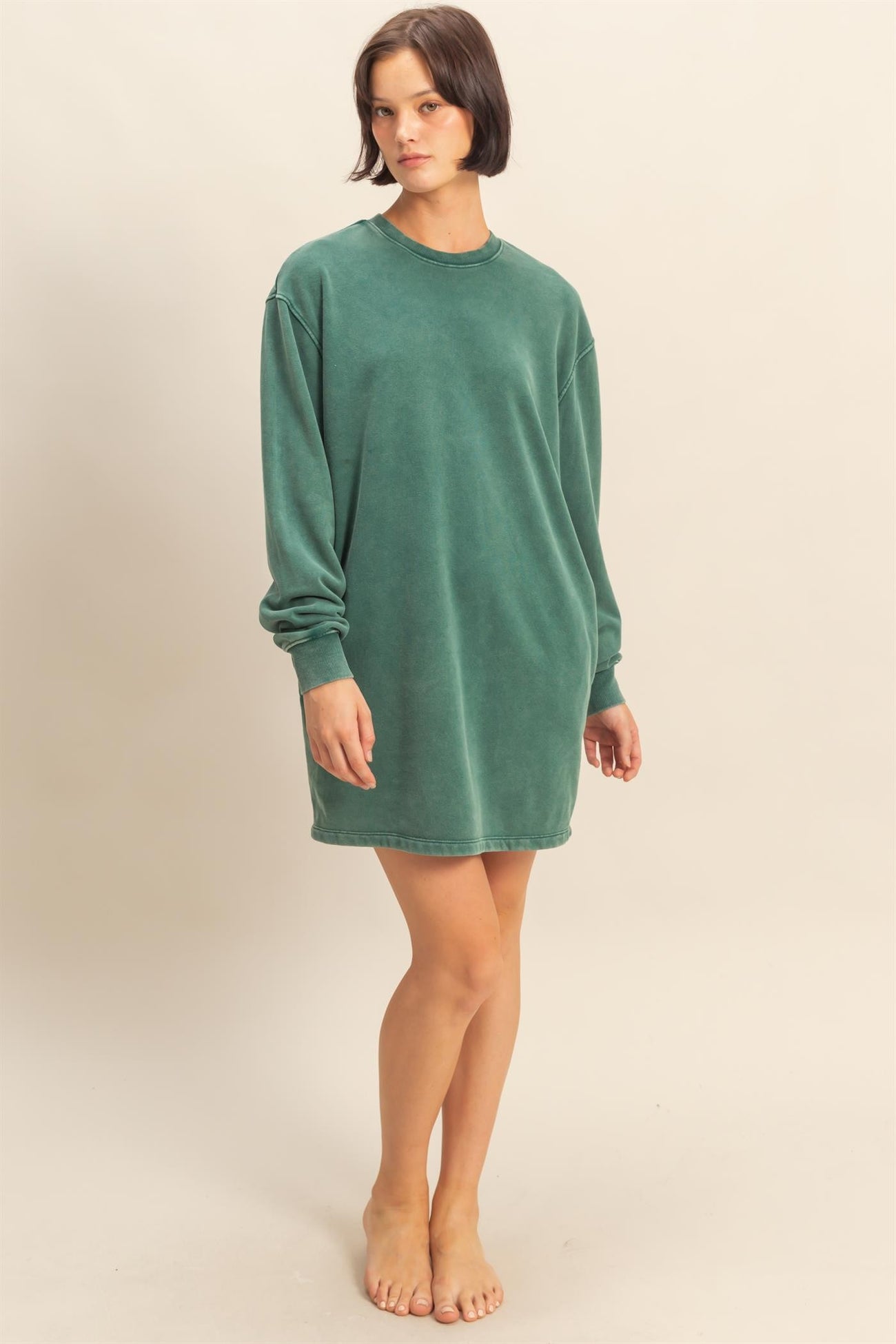 Forest Green Mineral Wash Oversized Sweatshirt Mini Dress
