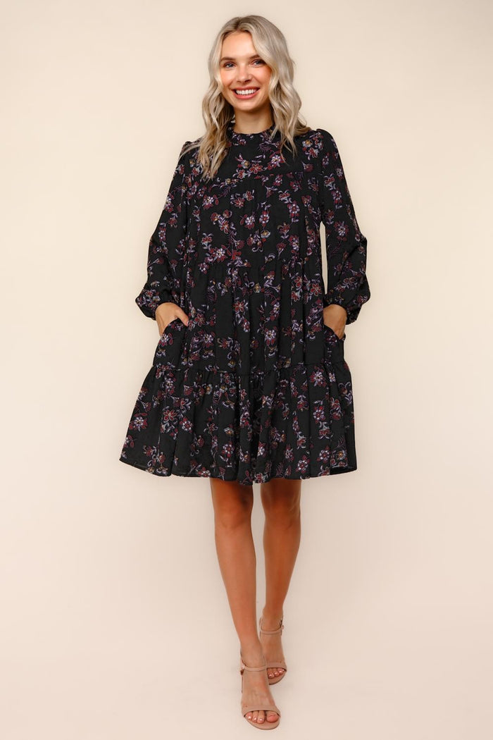 Black Floral Tiered Long Sleeve Maternity Dress
