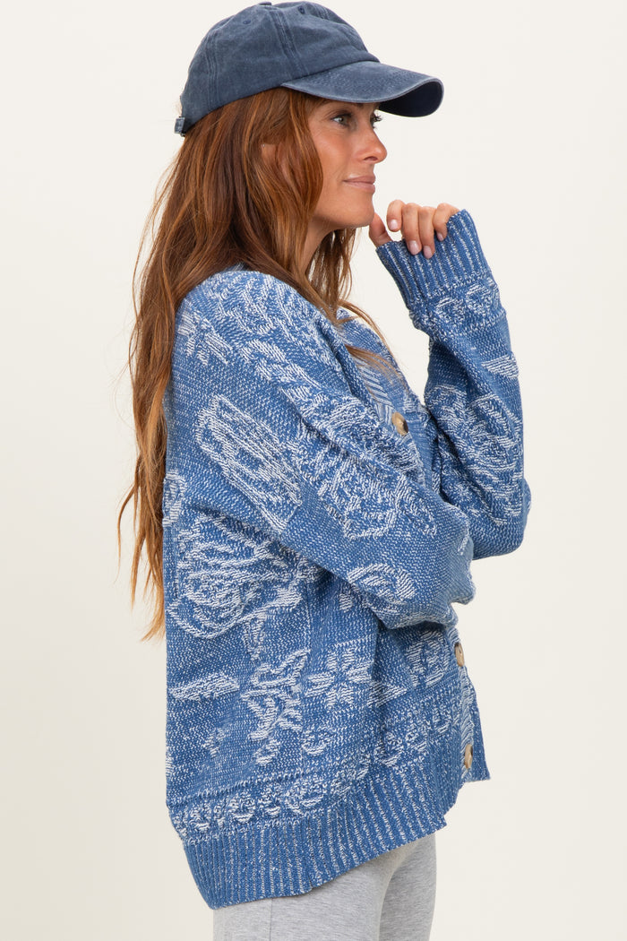 Blue Floral Knit Button Cardigan