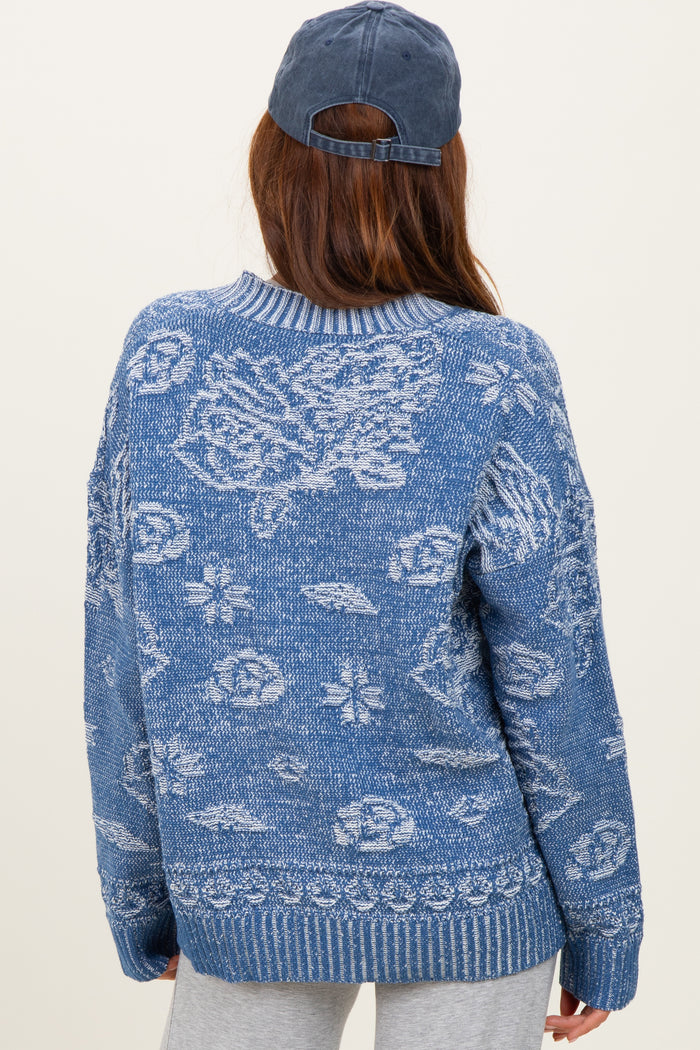 Blue Floral Knit Button Cardigan