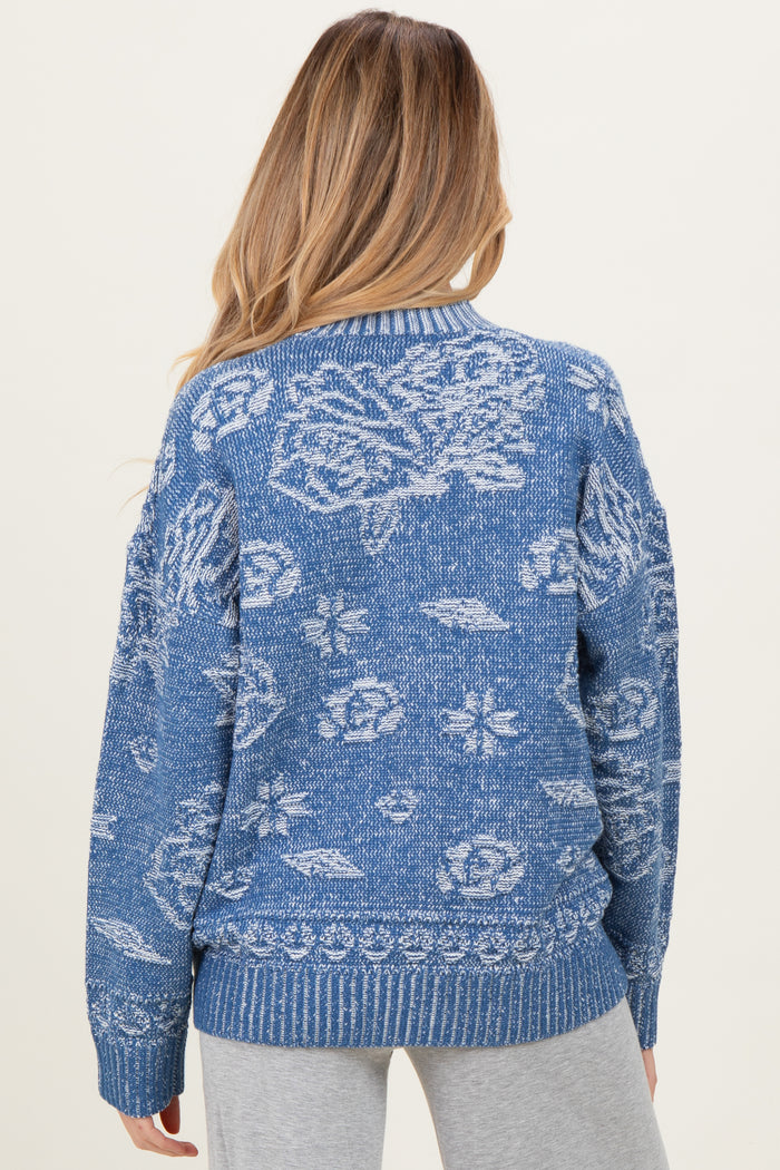 Blue Floral Knit Maternity Button Cardigan