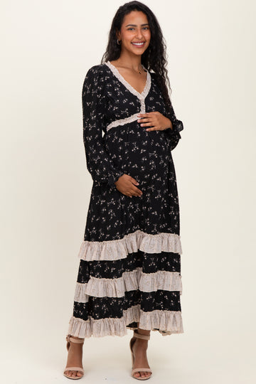 Black Floral Eyelet Lace Tiered Hem Maternity Maxi Dress