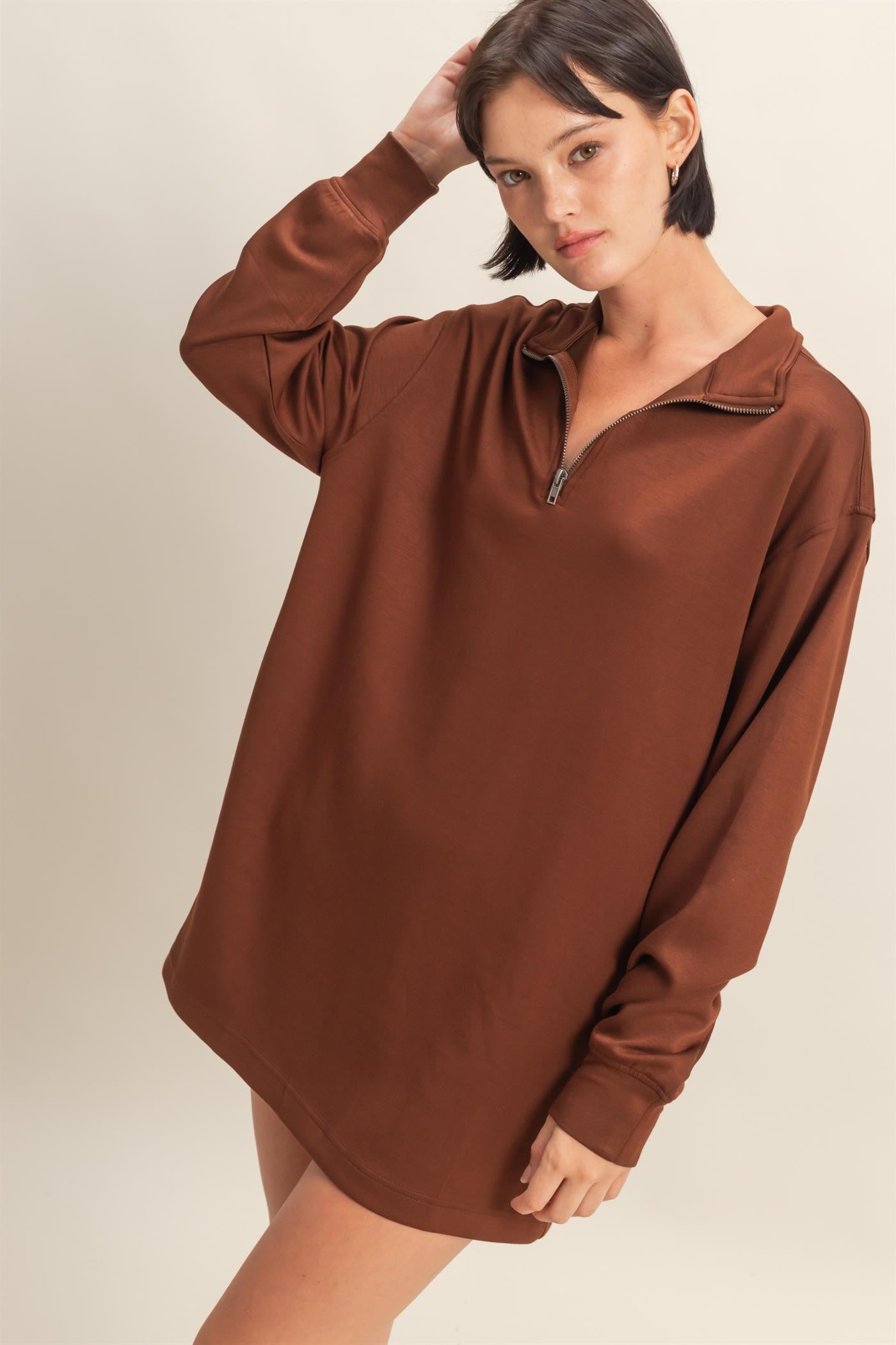 Taupe Half Zip Long Sleeve Maternity Mini Dress