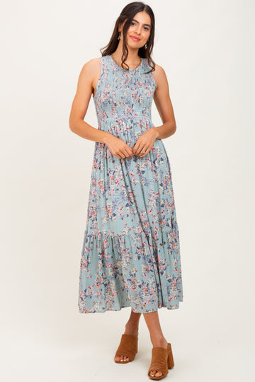 Sage Floral Print Smocked Top Sleeveless Tiered Maxi Dress