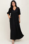 Black Solid Woven 3/4 Sleeve V-Neck Button Down Maxi Dress