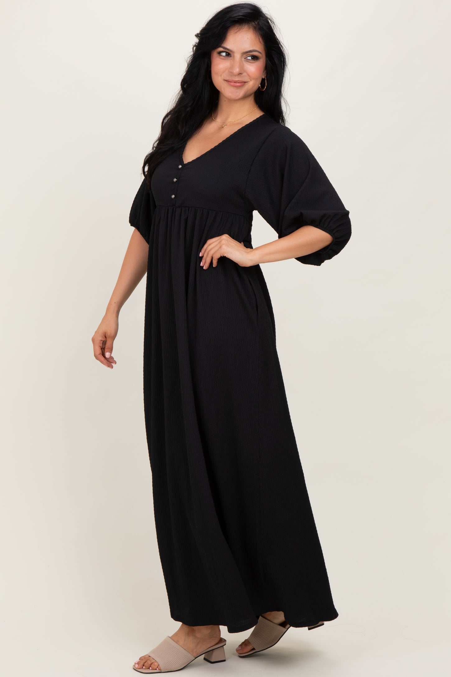 Black Solid Woven 3/4 Sleeve V-Neck Button Down Maxi Dress