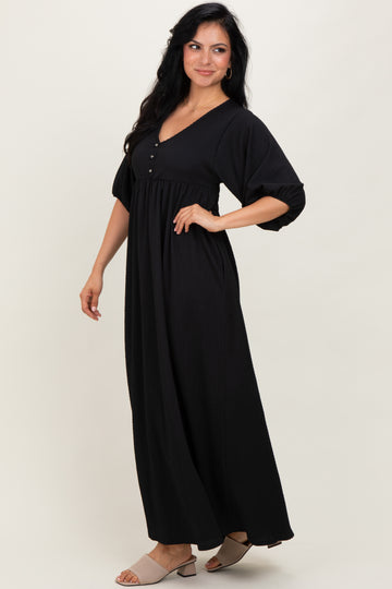 Black Solid Woven 3/4 Sleeve V-Neck Button Down Maxi Dress