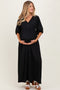 Black Solid Woven 3/4 Sleeve V-Neck Button Down Maternity Maxi Dress