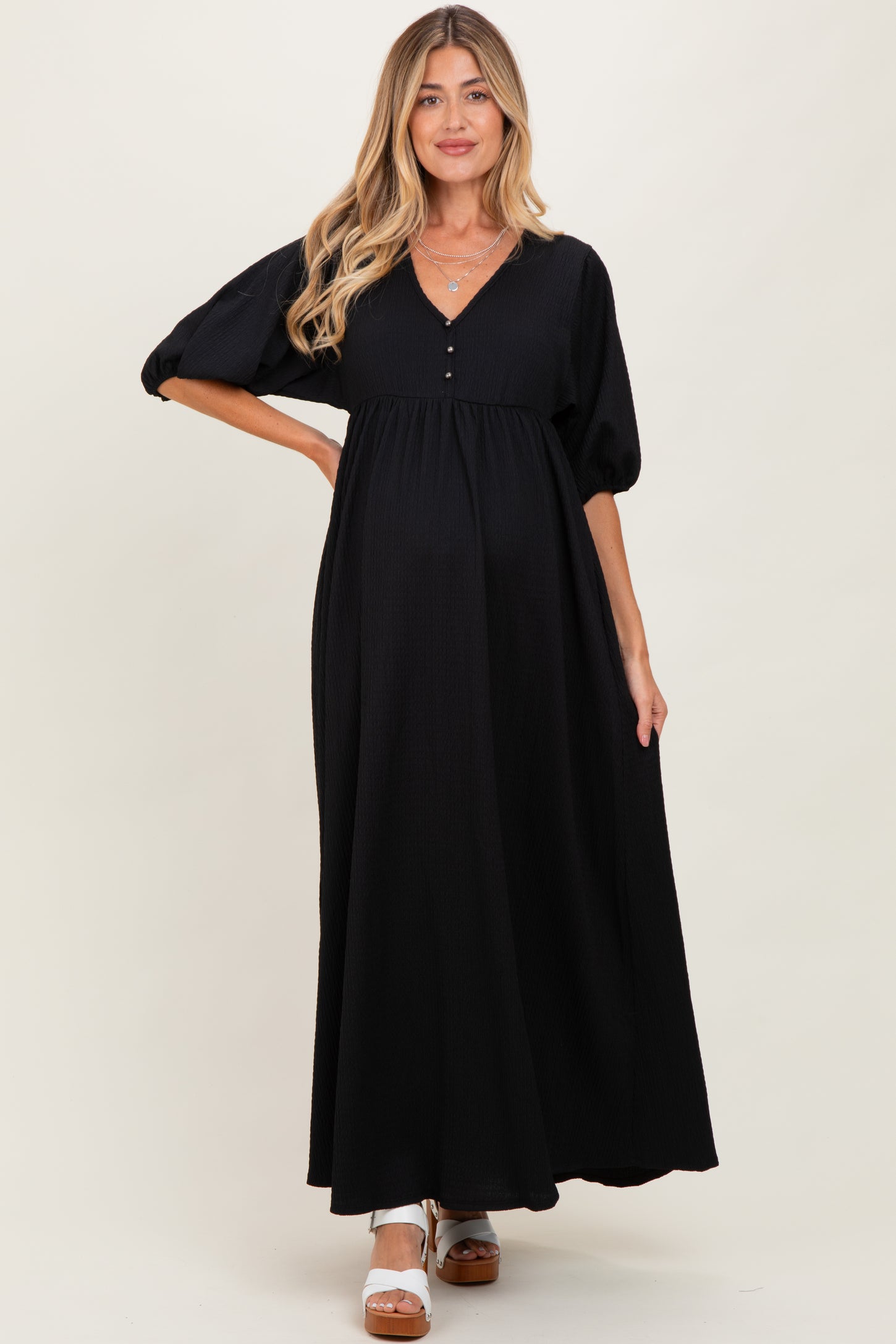 Black Solid Woven 3/4 Sleeve V-Neck Button Down Maternity Maxi Dress