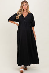 Black Solid Woven 3/4 Sleeve V-Neck Button Down Maternity Maxi Dress