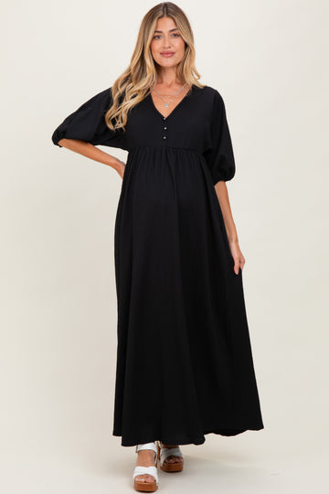 Black Solid Woven 3/4 Sleeve V-Neck Button Down Maternity Maxi Dress