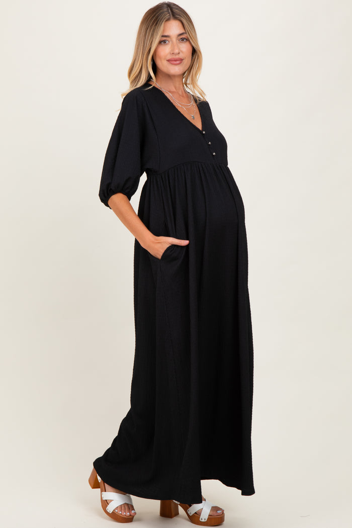 Black Solid Woven 3/4 Sleeve V-Neck Button Down Maternity Maxi Dress