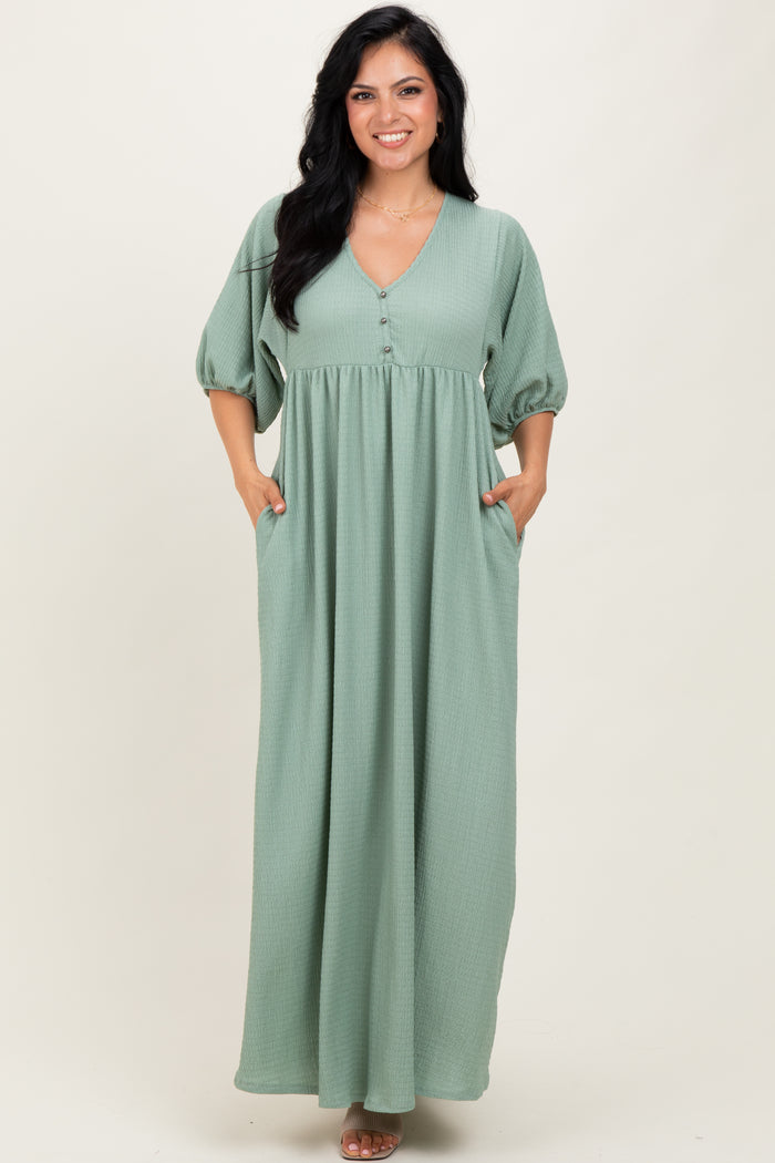 Sage Solid Woven 3/4 Sleeve V-Neck Button Down Maxi Dress