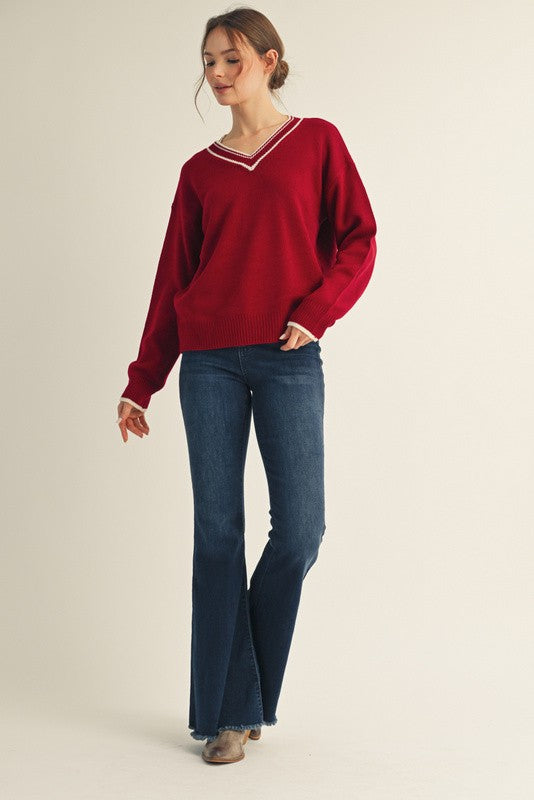 Burgundy Contrast Detail V-Neck Sweater